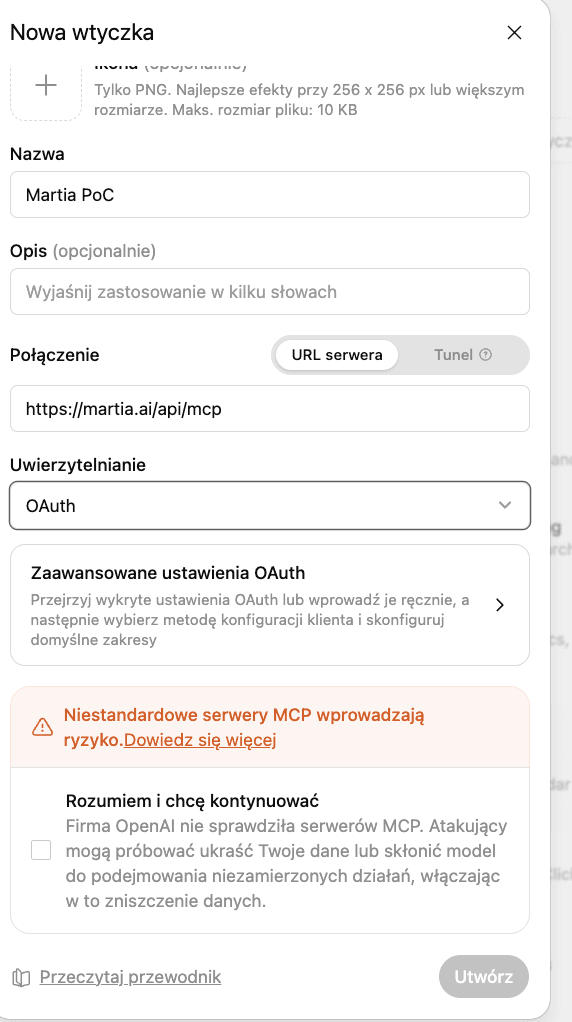 Ventana de nuevo plugin en ChatGPT con la dirección del servidor de Martia y OAuth seleccionado